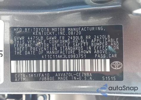 2020 Toyota Camry Le z USA, uszkodzony, nr VIN 4T1C11AK3LU983751